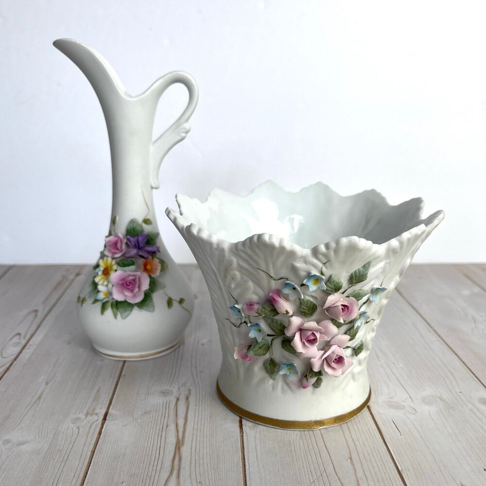 Lot of 2 VTG Lefton China 3D Hand Painted Applied Floral Vase 826, Pitcher KW829